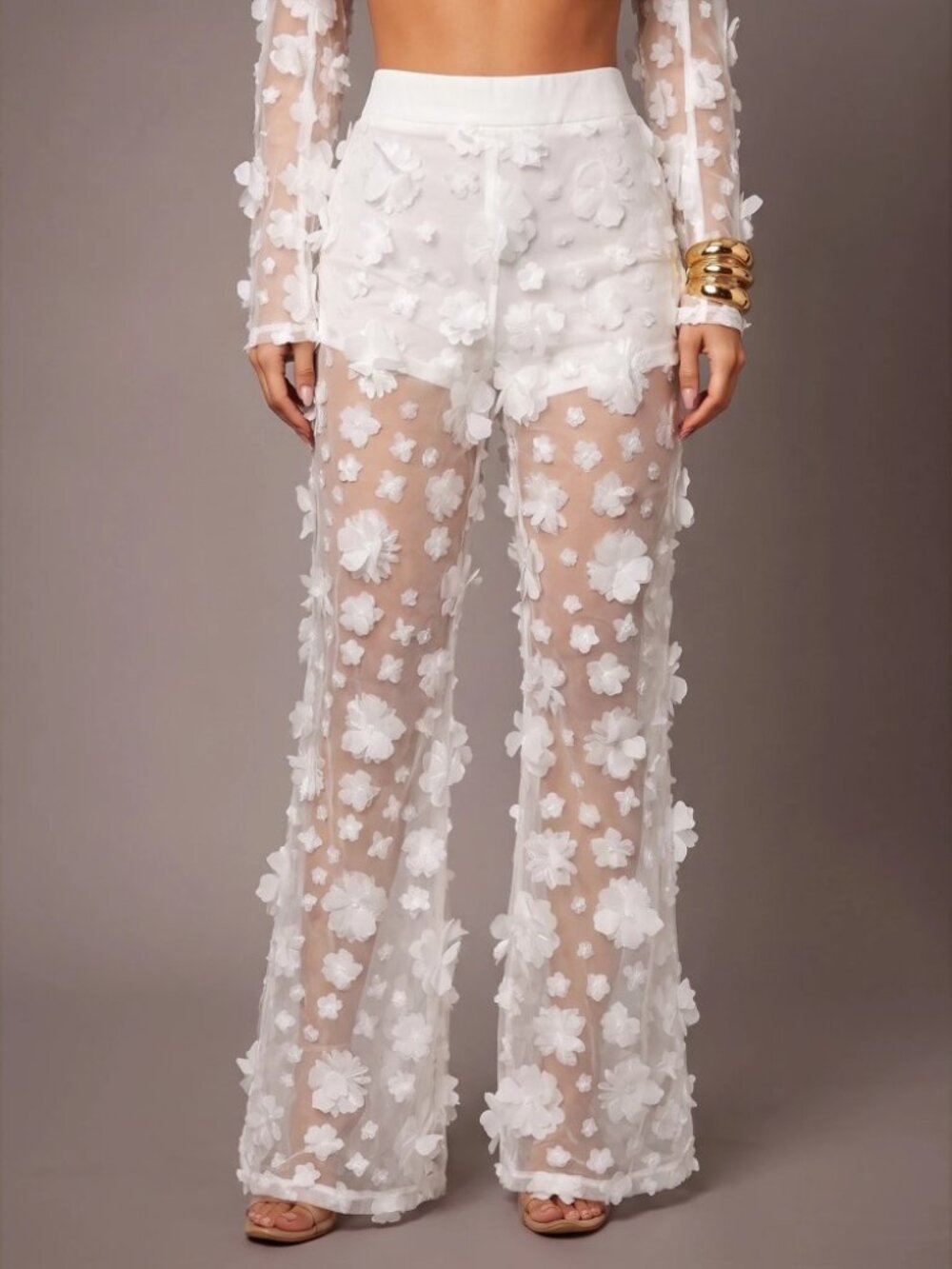 White Ultra Sheer Mesh Pants with 3D Floral Appliques